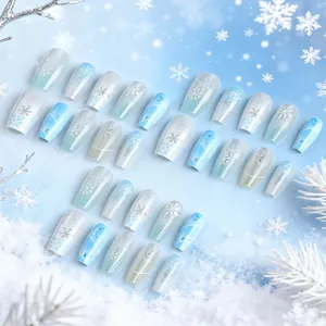 Short coffin press-on nails with blue-white cat eye gradient and winter snowflake patterns