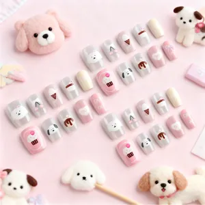 Short square cat eye press-on nails with cute cartoon dogs and pink dessert patterns