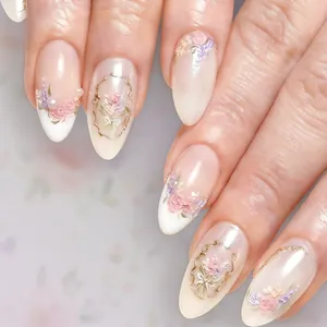 French Almond Press On Nails With 3D Floral Relief Artificial Pearl Gold Glitter Artificial Fake Nails For Women Manicure Daily Wear