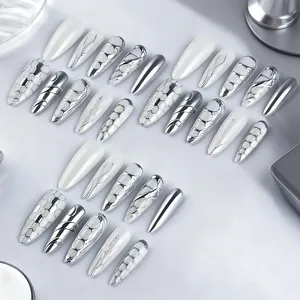 Silver metallic mesh and stripe long pointed press-on nails with luxury almond design