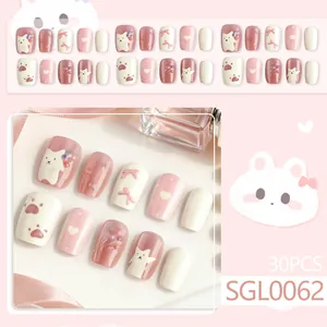 Faux ongles chat rose mignons avec nœuds 3D et motifs de cœurs lot de 30 pièces