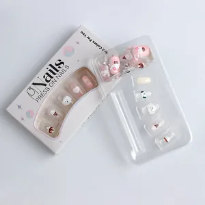 Short square cat eye press-on nails with cute cartoon dogs and sweet heart patterns