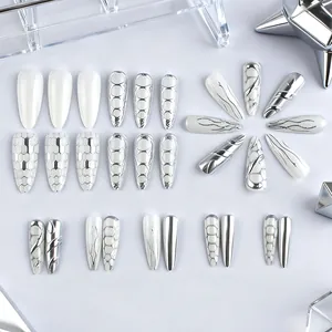 Silver metallic mesh and white almond press-on nails set with industrial mirror finish