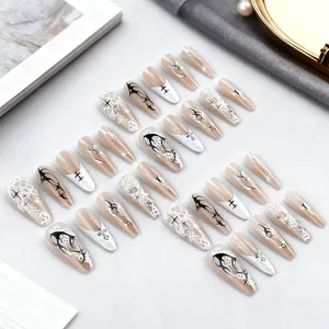 Long pointed press-on nails with silver cat-eye, lace patterns, and dark gothic star design
