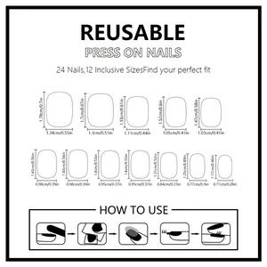 Size guide for purple glossy short press-on nails with 12 sizes and how-to-use guide