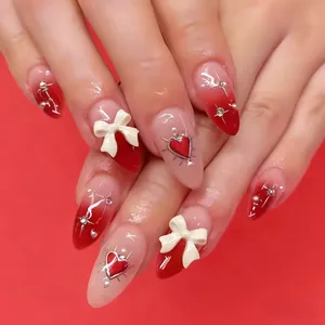Red Gradient Press On Nails With 3D White Bowknot Heart Rhinestone Almond Shape Fake Nails For Women Valentine Holiday Decoration