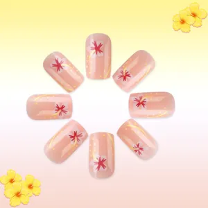 Short french press-on nails featuring yellow hibiscus flowers and polka dots design