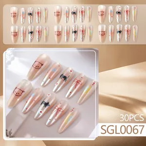 30pcs long almond press-on nails with cat and floral patterns in pearly pink gradient