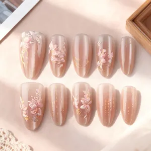 3D Floral Embossed Press-On Nails Cat Eye Gold Foil Champagne Pink Almond Shape Glossy Fake Nails For Women Nail Art
