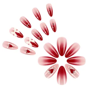 Red heart press-on nails with 3D white butterfly bows and rhinestones for Valentine's Day