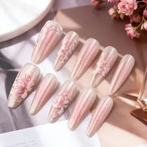 Long Almond Press On Nails With 3D Floral Relief Pink Gradient Cat Eye Effect Glossy Fake Nails For Women Daily Manicure Art