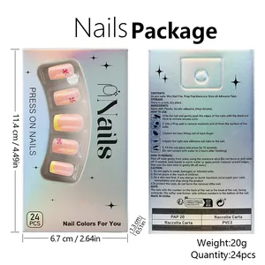 Detail showing press-on nail kit with floral designs and application tools set