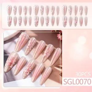 30pcs long almond press-on nails with pink gradient and 3D floral relief designs