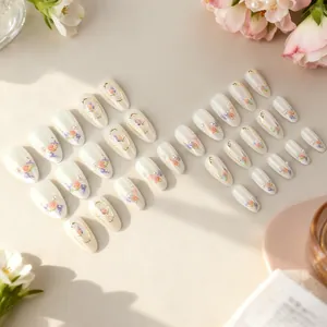 French almond floral press-on nails with gold trim, 3D pearls and rose patterns