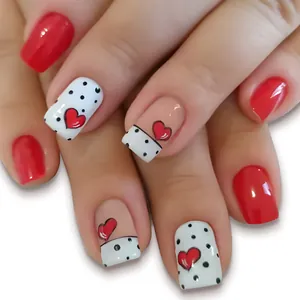 Short Square Press On Nails Red White Heart Polka Dot Design Glossy Sweet French Style Fake Nails For Women Valentine