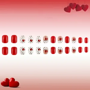 Short round red heart pattern press-on nail set with 24 pieces for Valentine's Day