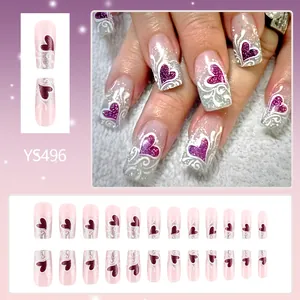 Unghie finte viola lucide con cuori, onde bianche e glitter argento, set da 24 pezzi