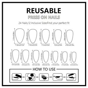 Size guide for reusable almond press-on nails with 12 sizes and application instructions