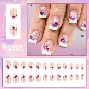Short square purple French press-on nails with glitter heart and line designs, 24 pieces