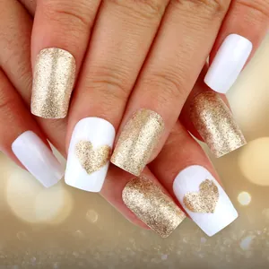 Gold Glitter Heart White Press On Nails Square Round Head Minimalist Luxury Glossy Fake Nails For Valentine's Day Women