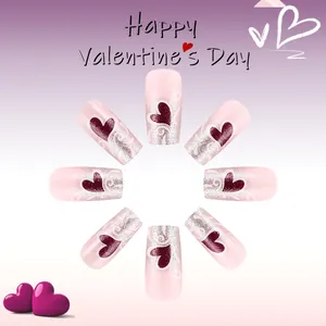 Unghie viola lucide di San Valentino con glitter argento cuori e linee ondulate bianche