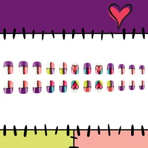 Short glossy Valentine heart press-on nails with colorful patchwork designs and patterns