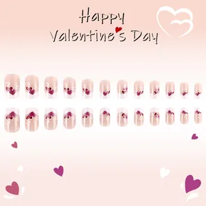 Valentine's Day press-on nails set with shiny purple French heart lines design 24pcs