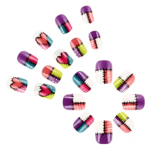 Short glossy press-on nails with colorful heart patchwork and stitch patterns