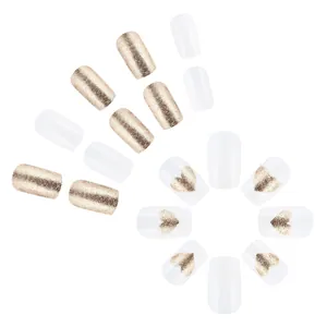 White and gold glitter heart press-on nails with shiny finish in square shape, 24pcs set