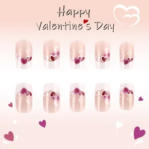 Glossy square French press-on nails with purple heart design for Valentine's Day