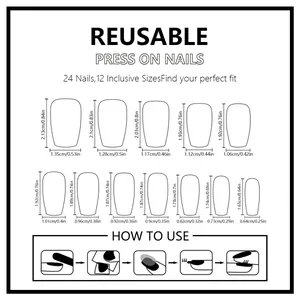 Size chart showing 24 reusable press on nails in 12 sizes with detailed dimensions