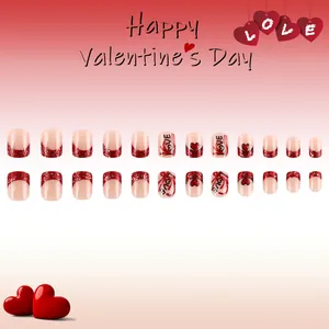 Short French press-on nails with red glitter hearts and LOVE letter designs for Valentine