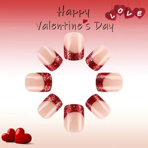 Short square heart French press-on nails with red glitter tips for Valentine's Day