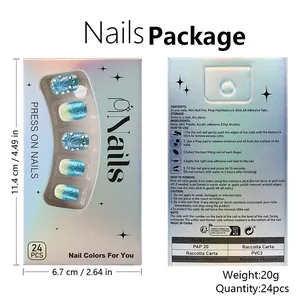 Détails de 24 faux ongles dégradés bleus à paillettes avec strass et kit d'accessoires