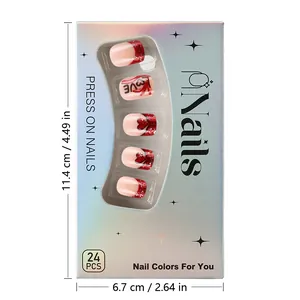 Detail of holographic packaging and 24pc press-on nails with red glitter heart designs