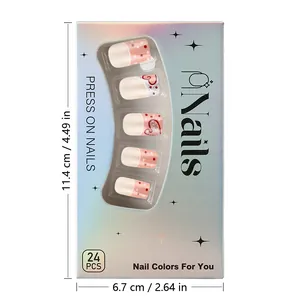 Unghie finte corte rosse lucide con cuore e scatola di dimensioni 11,4cm x 6,7cm