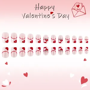 Short glossy Valentine's nails with red hearts and rhinestones, 24-piece press-on set