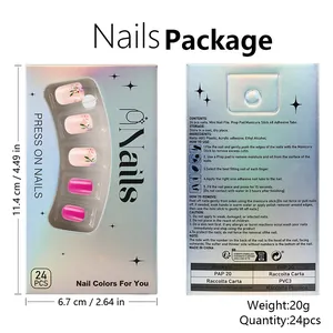 Detail view of the packaging box showing usage instructions and ingredients for press-on nails