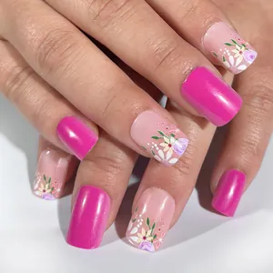Glossy Rose Red Pink Floral Print Short Square Round Press On Nails Sweet Fresh Style Artificial Fake Nails Women Jewelry