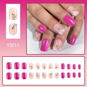 Glossy rose red and floral print short press-on nails set with 24 pieces for daily wear