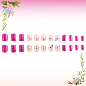 Short square floral press-on nails set in bright rose pink and floral designs