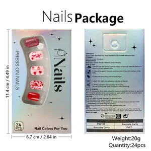 Detail of 24pcs Valentine press-on nails set with red hearts and glitter in packaging