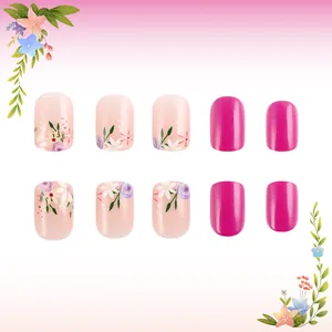 Detailed view of short round press-on nails with rose red finish and floral hand-painted art