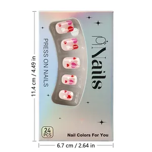 Short square press on nails set with heart patterns in laser holographic packaging