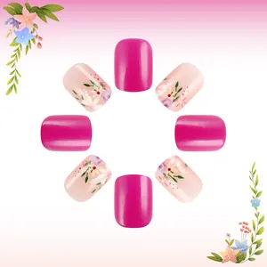 Short square round glossy press-on nails in rose red and floral pattern design