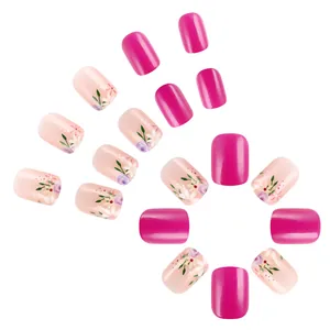 Short square press-on nails with rose red contrast and delicate floral pattern