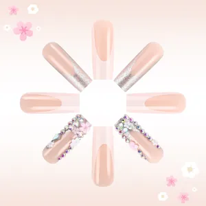 Faux ongles cercueil french avec fleurs 3D et accents de paillettes lot de 24