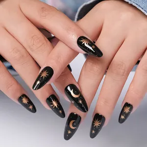 Black Gold Star Moon Almond Press On Nails Glossy Fake Nails Long Stiletto Artificial Finger Nails For Women Girls Daily Wear