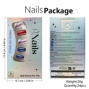 Detailed packaging view showing red and blue star press on nails with size dimensions