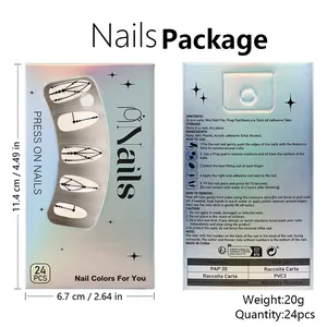 Detailed view of 24pcs almond press-on nail kit with geometric lines and accessories